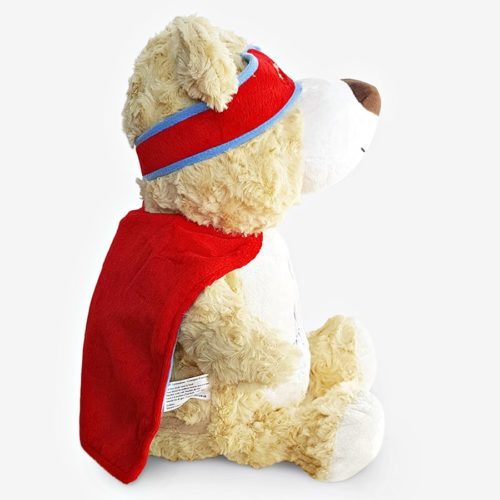 Superhero teddy bear from the side