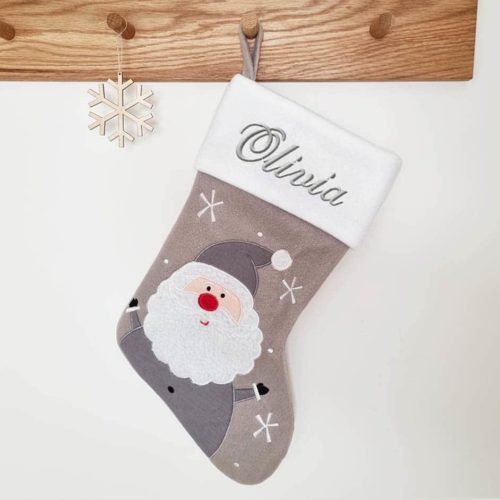 Gray Santa Christmas stocking with name printed