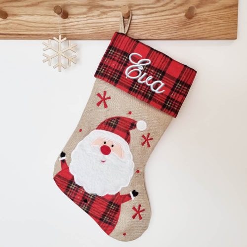 Red checkered Christmas stocking with name