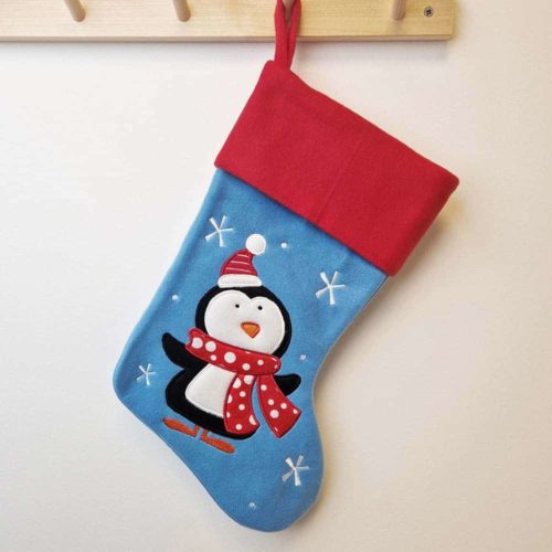 Christmas stocking blue with penguin