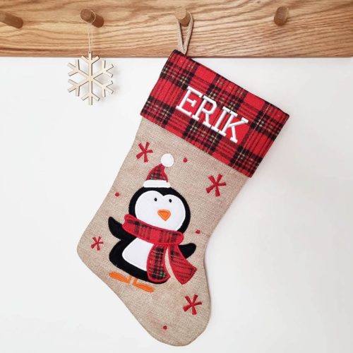 Red checkered Christmas stocking penguin with name