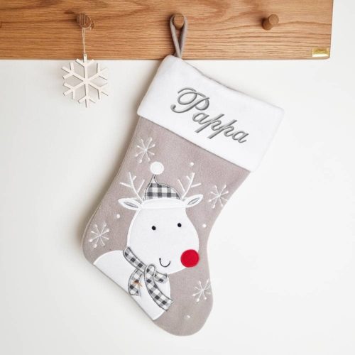 Gray Christmas stocking with curious reindeer, 45 cm