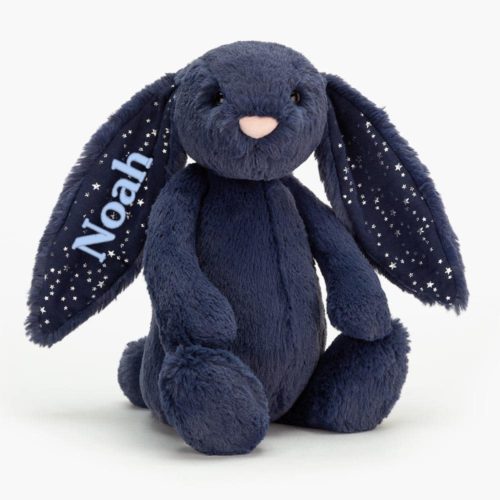 Rabbit stuffed animal with name embroidered in navy jellycat