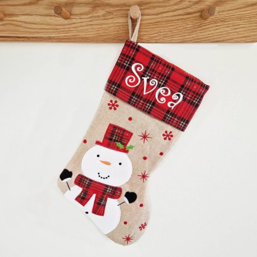 Plaid Christmas stocking with name and snowman