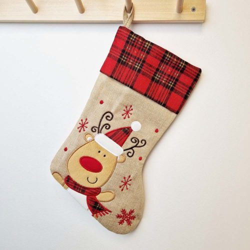 Plaid Christmas stocking with name and reindeer