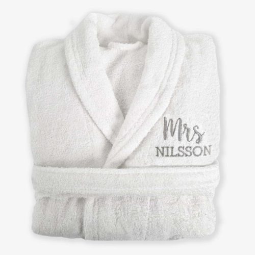 White bathrobe with name embroidered with Mr and Mrs