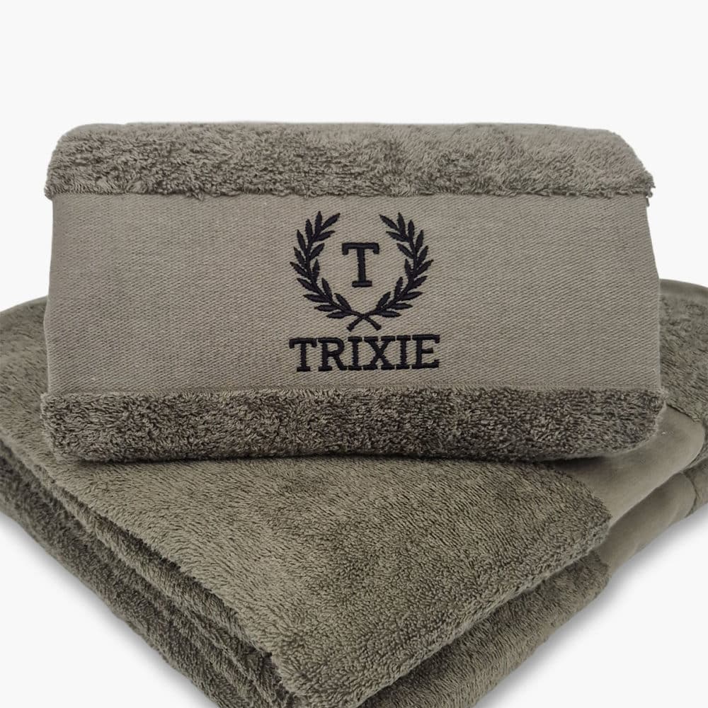 Olive colored towel with name embroidered