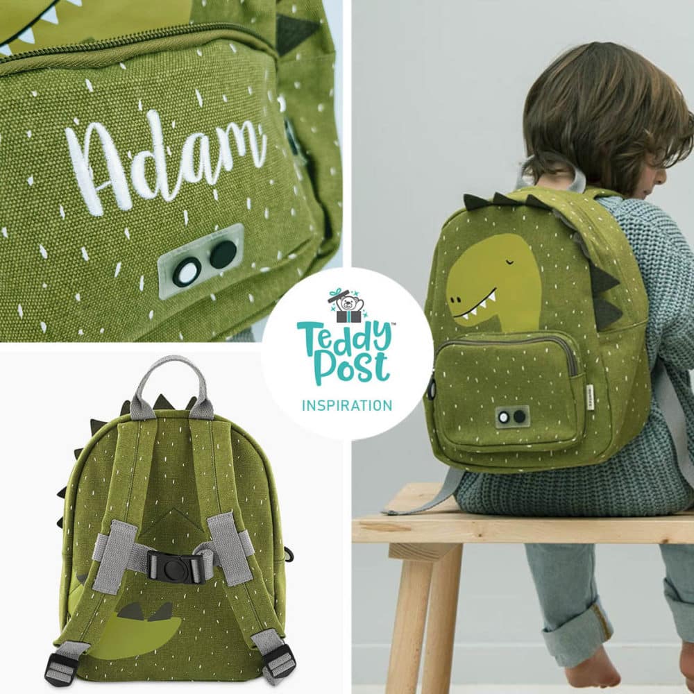 Personalized backpack with name and dinosaur motif