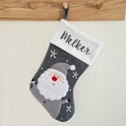 Gray Christmas stocking with name