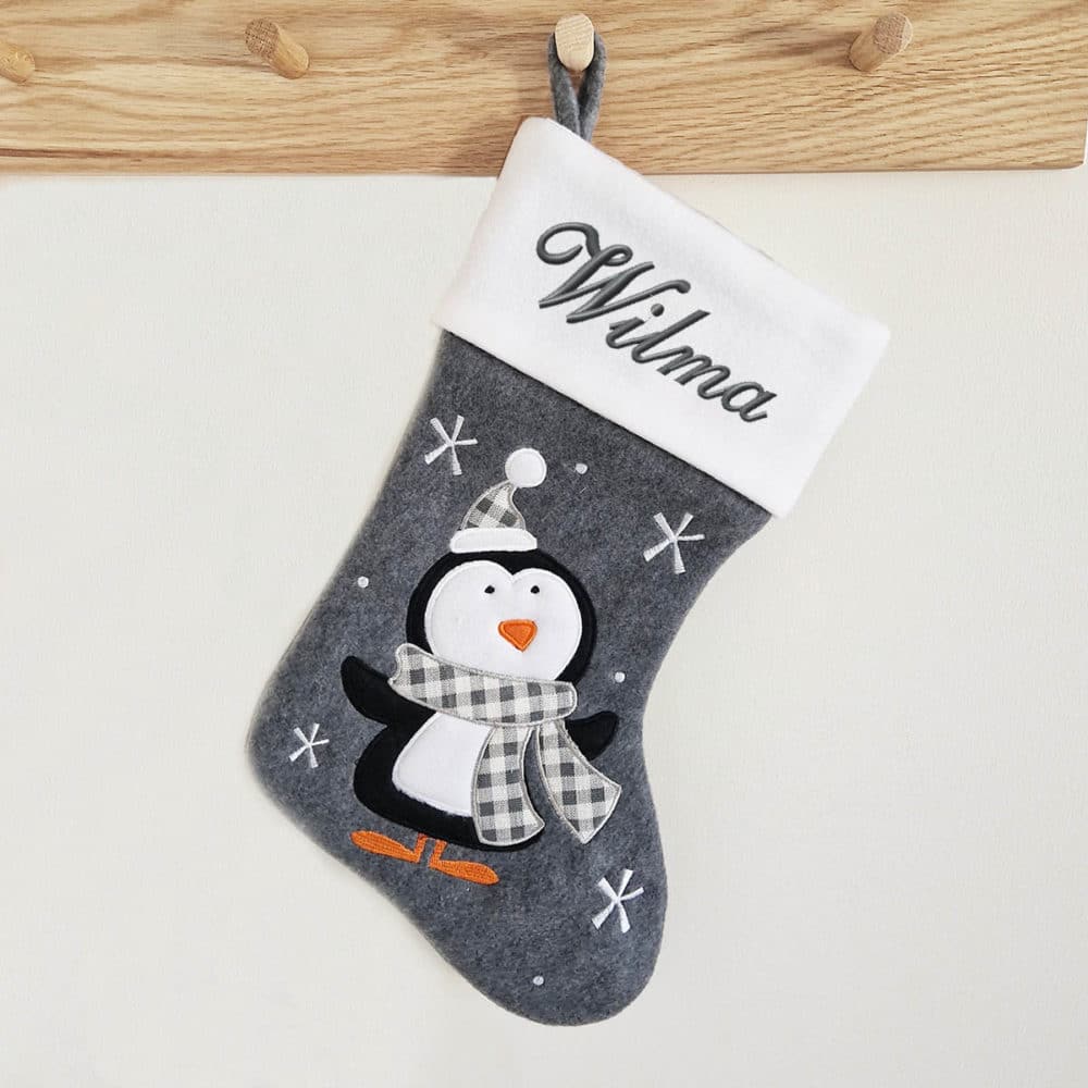 Dark gray Christmas stocking with penguin, Personalized